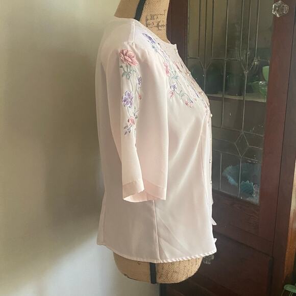 Vintage Laura Scott Pink Floral Blouse 90s Embroidered Pearl Button Top Sz 12 - Picture 3 of 17